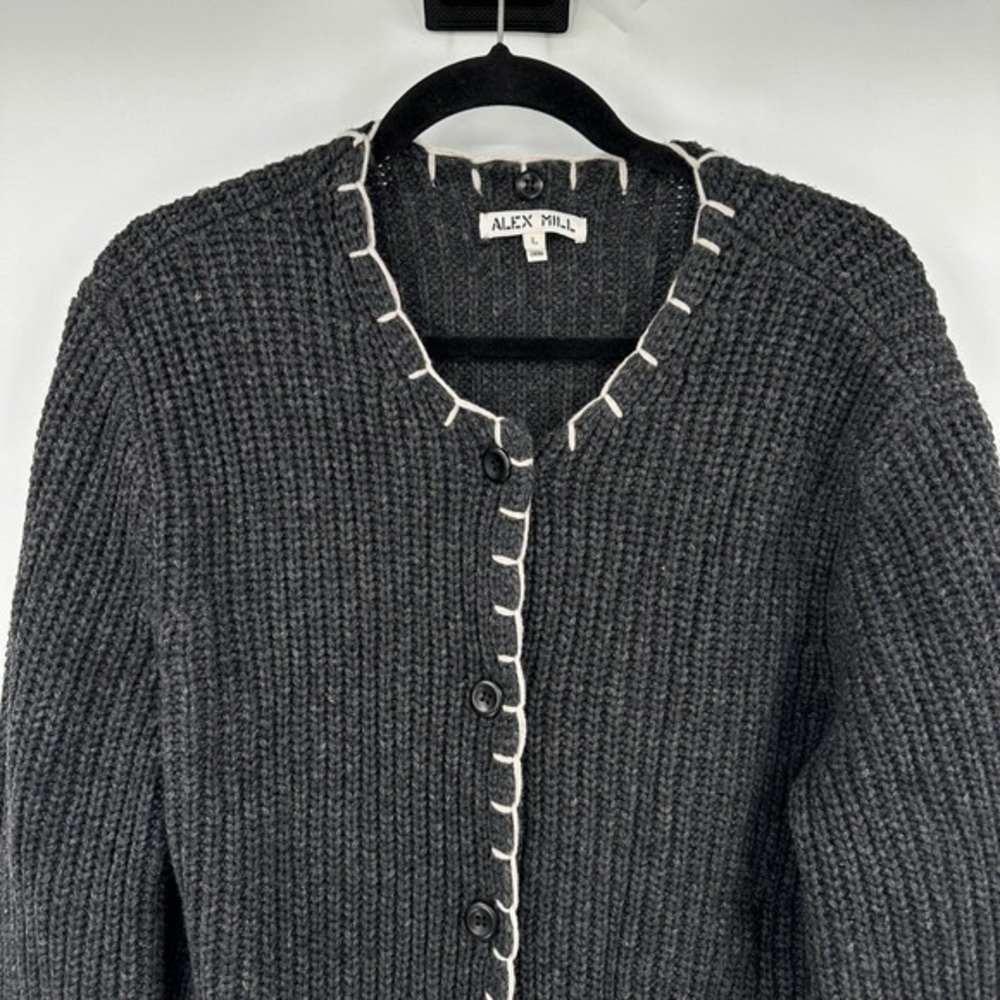 Alex Mill Charcoal Knit Button-Front Cardigan with Cream Whipstitch - Picture 2 of 4